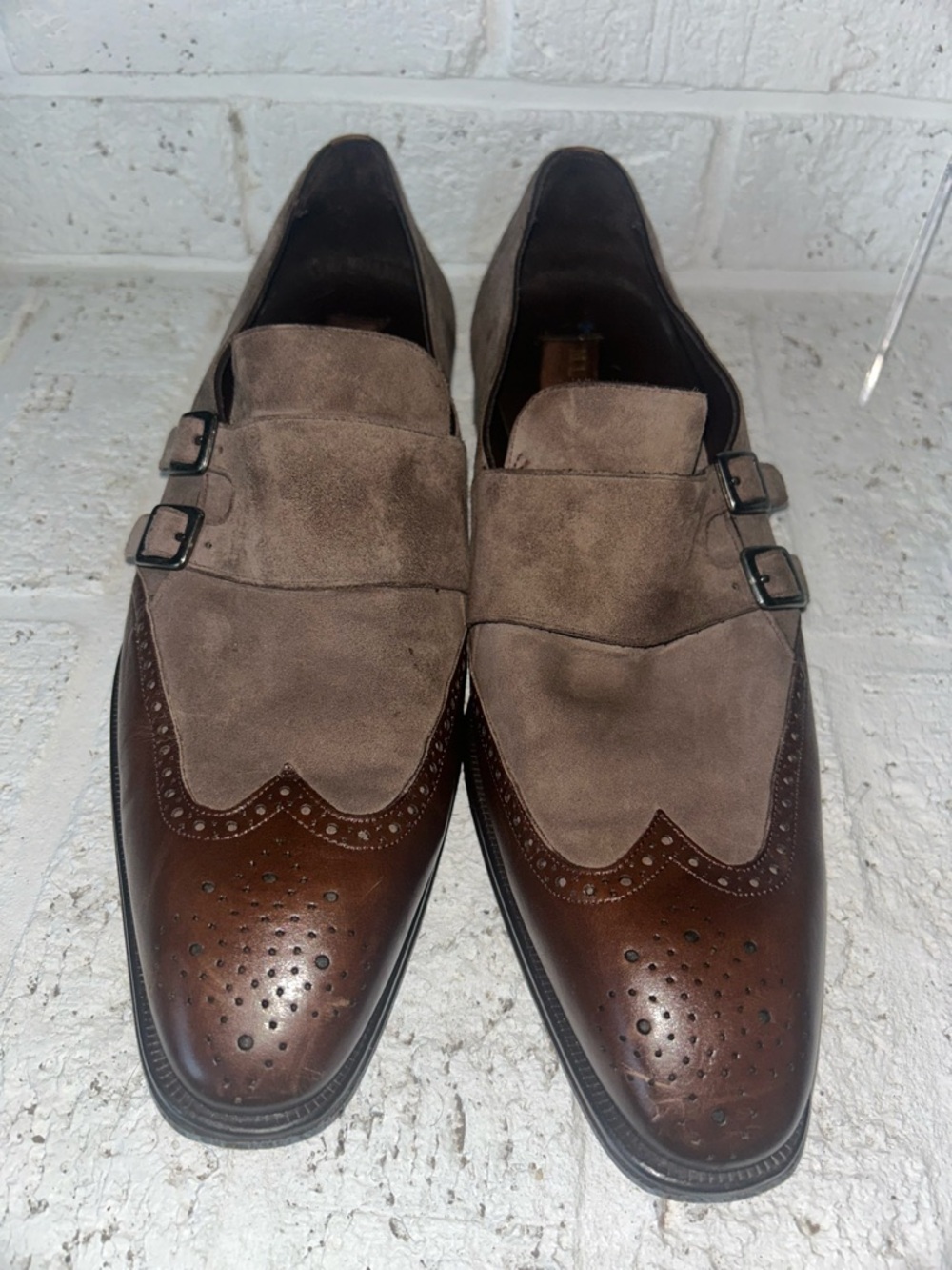 Mezlan Suede & Leather Double Monk Strap Two Tone Brown Wingtip Shoes Sz 11 M